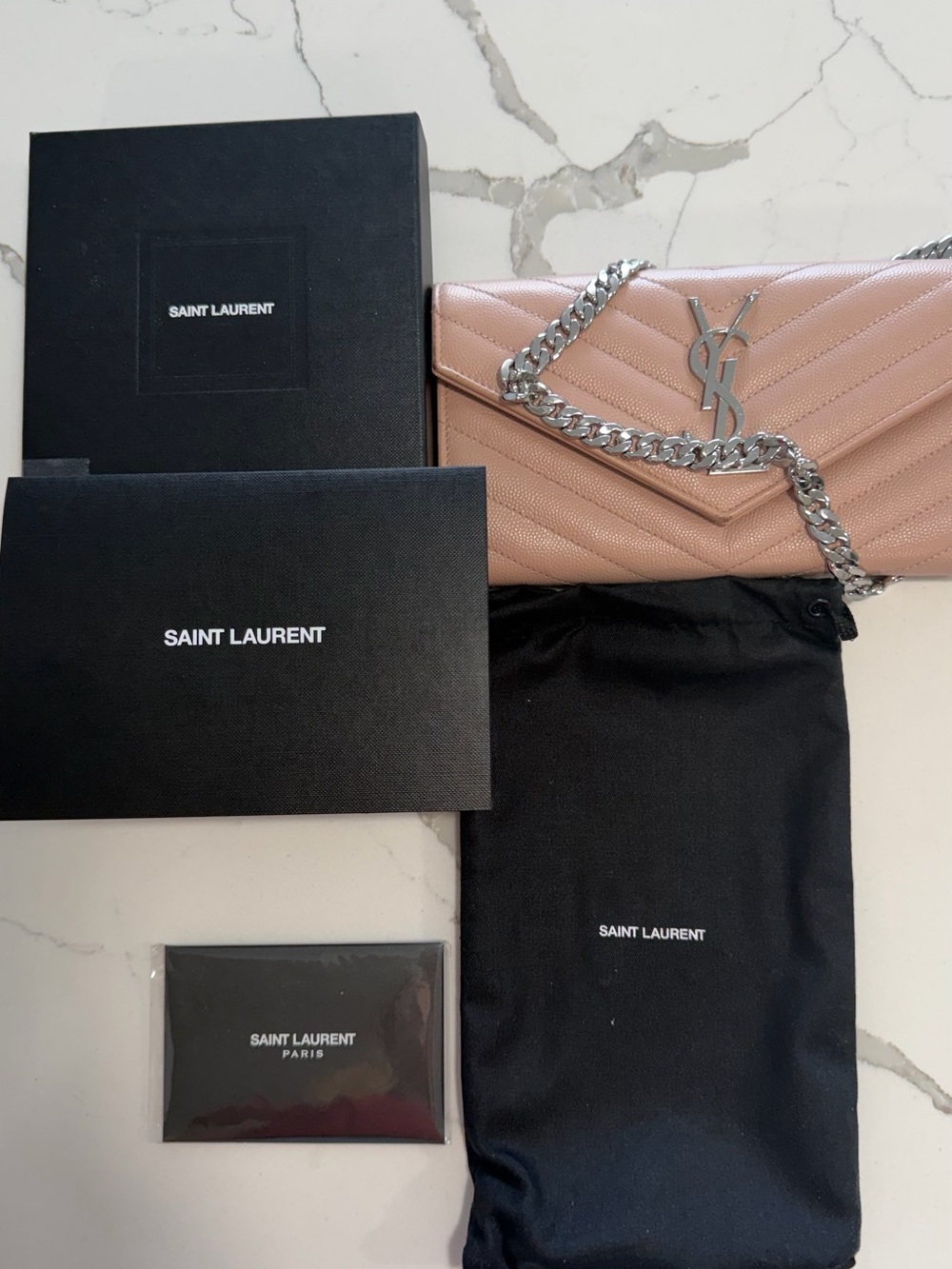 YSL Saint Laurent bag WOC pink Silver purse handbag authentic box and dust bag